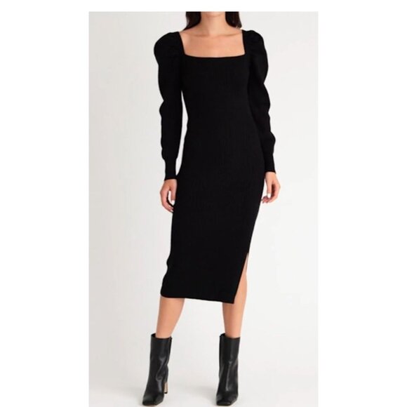 Charles Henry Dresses & Skirts - Charles Henry Rib Knit Puffl Sleeve Pullover Black Square Neck Midi Dress XL NWT